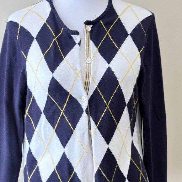Lands End Sweater Women’s Sm 6-8 Blue White Argyle Cardigan 100% Supima Cotton - Picture 3 of 8
